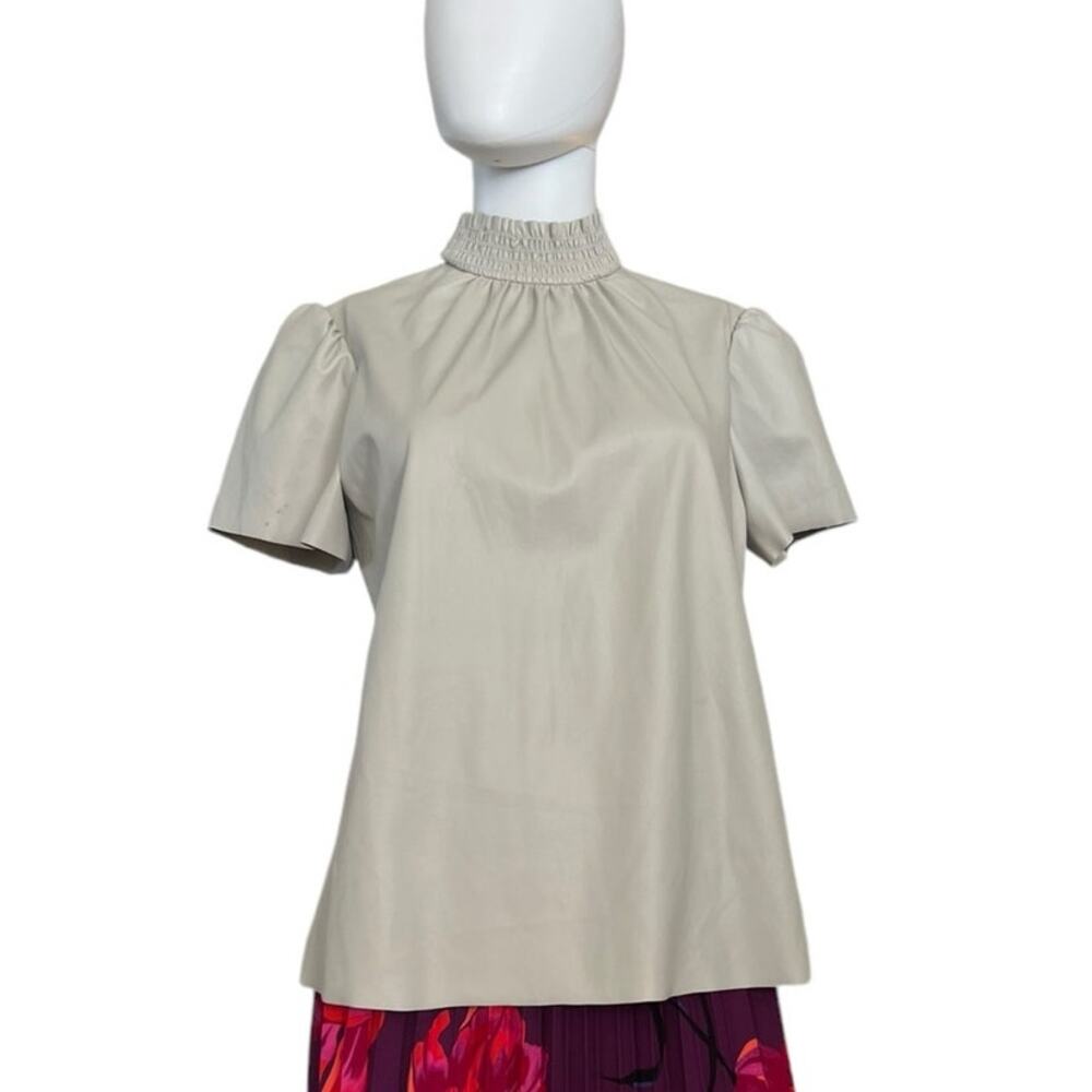Trina Turk Off White Faux Leather Ruched Mockneck Short Sleeve Top M